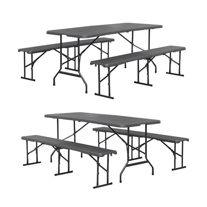 Set di 2 tavoli da ricevimento pieghevoli in acciaio, 2 panche, grigio