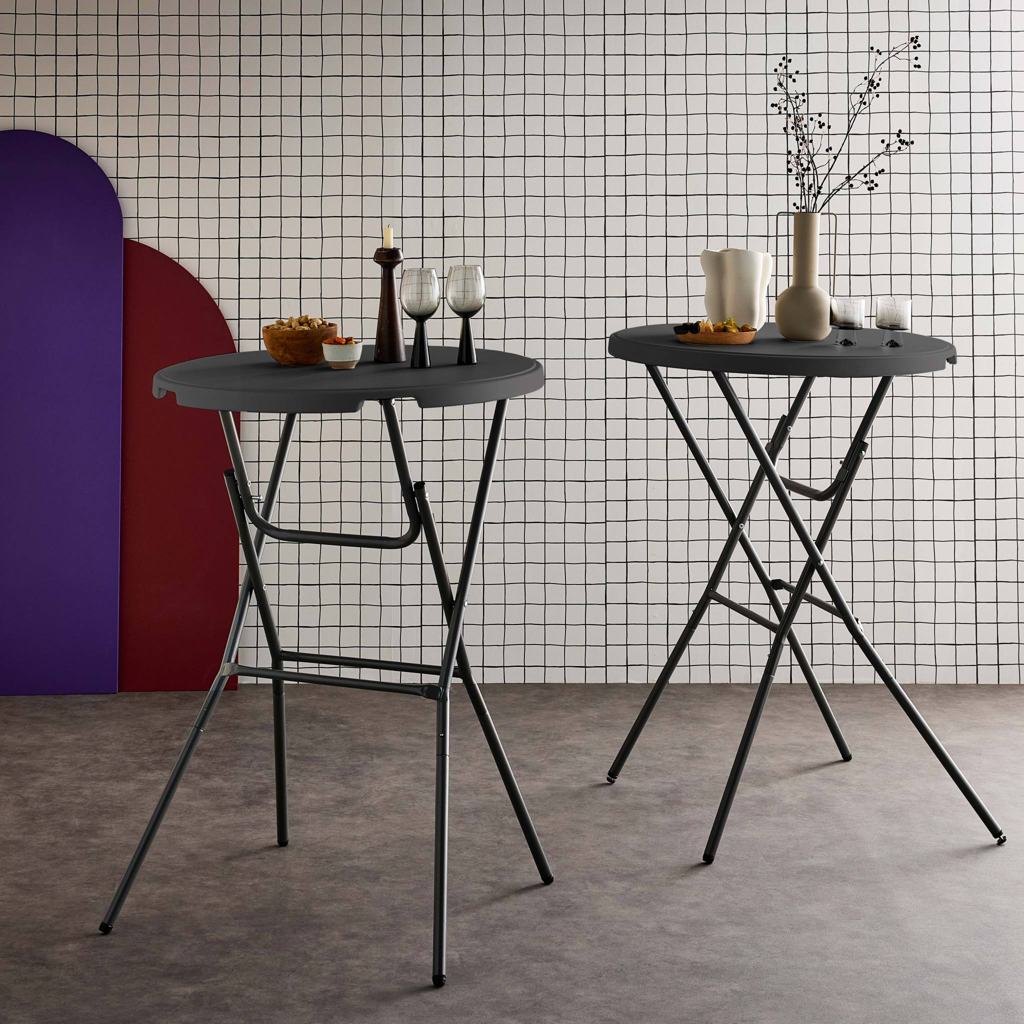 Set di 2 tavoli pieghevoli alti, grigio scuro