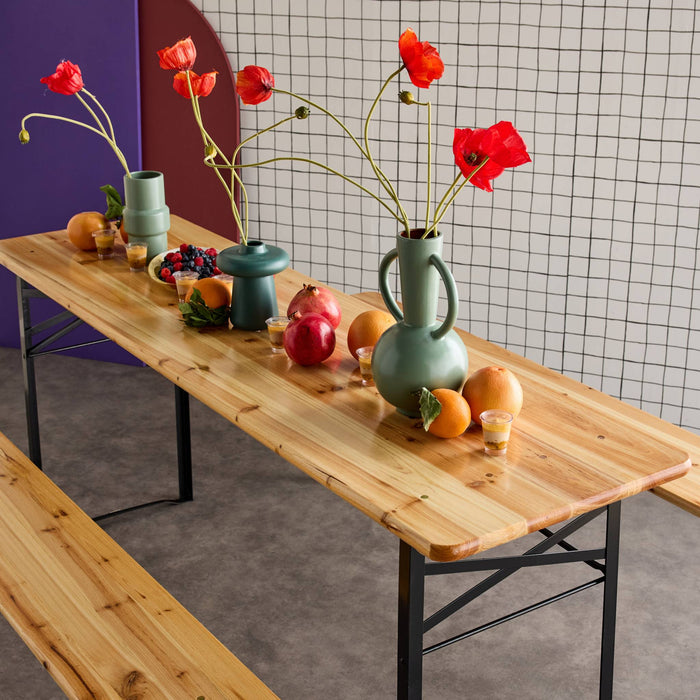 Set di 2 tavoli da ricevimento pieghevoli in legno di abete 2 panche,