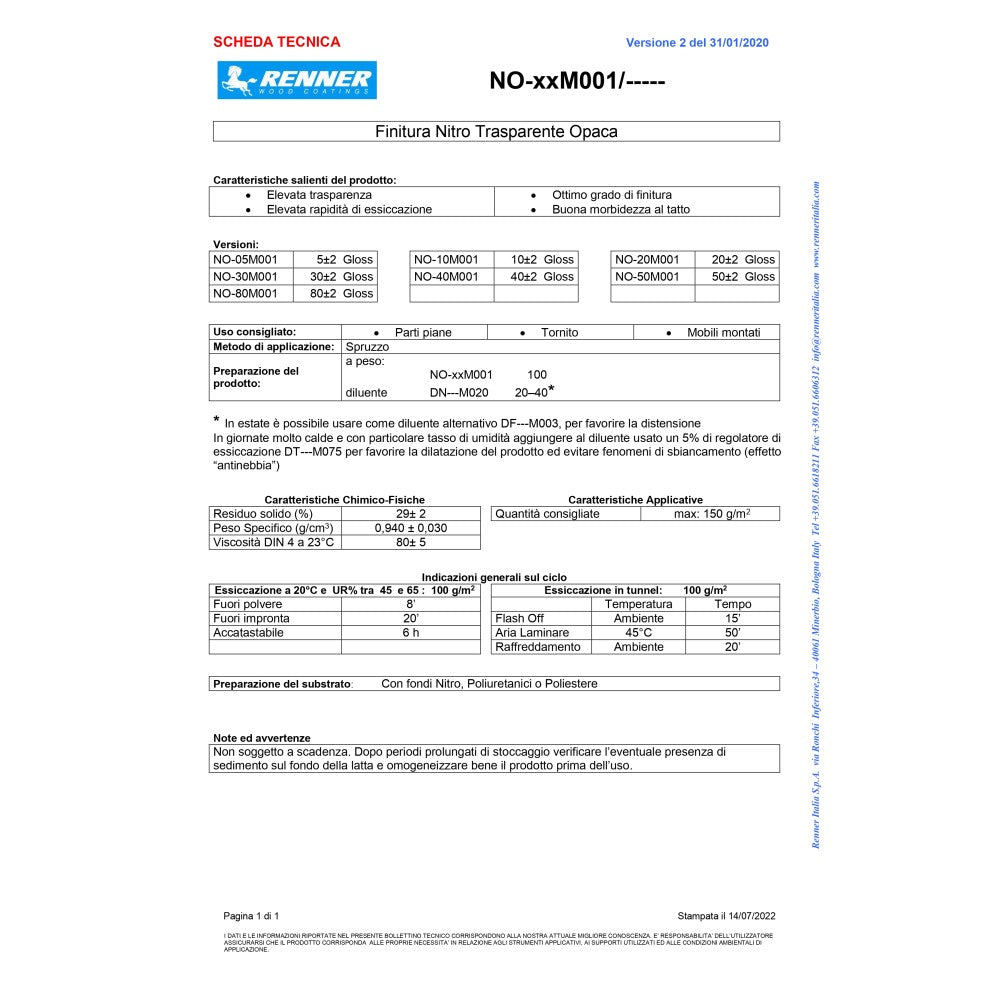 Renner no-20m001 1lt finitura nitro trasparente opaca 20 gloss