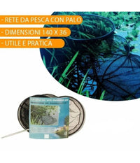 Rete Da Pesca Con Palo Alluminio Pesci Gamberi 36x140 Cm Kit Mare Lago Fiume         