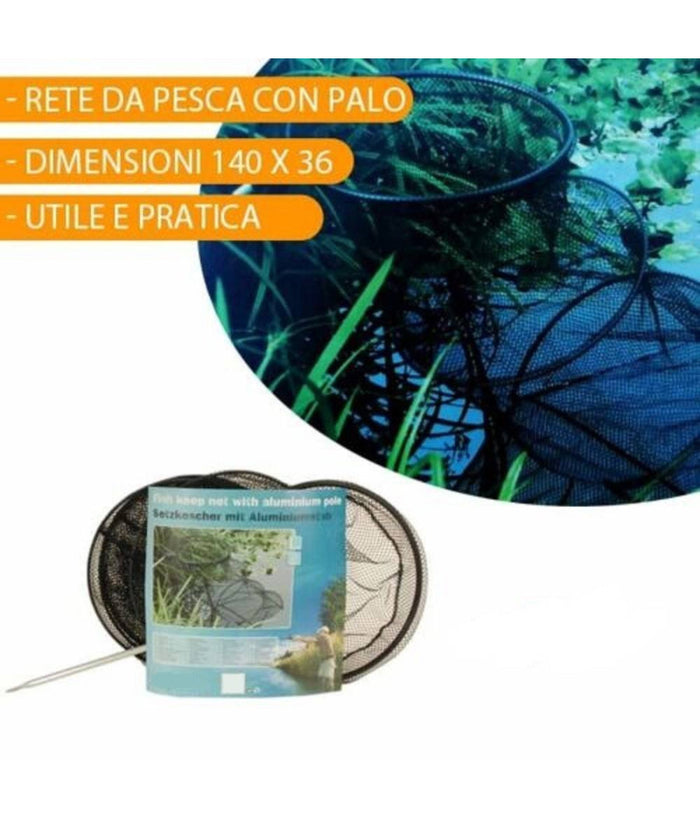 Rete Da Pesca Con Palo Alluminio Pesci Gamberi 36x140 Cm Kit Mare Lago Fiume         