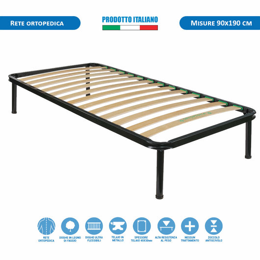Rete letto singola ortopedica 90x190 in metallo con doghe flessibili in faggio, letto una piazza - Comprarredo