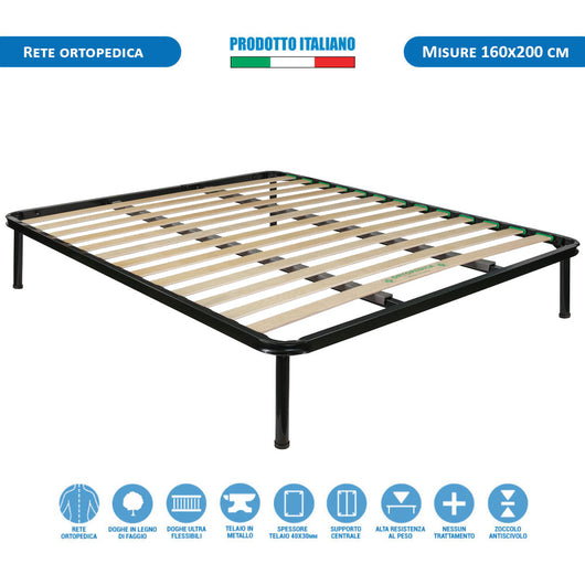 Rete letto matrimoniale ortopedica 160x200 in metallo con doghe flessibili in faggio e barre di rinforzo - Comprarredo