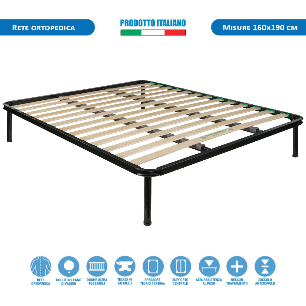 Rete letto matrimoniale ortopedica 160x190 in metallo con barre rinforzo, doghe flessibili, letto 2 piazze - Comprarredo