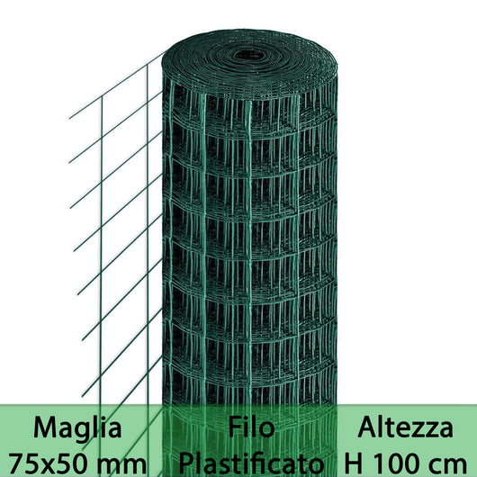 1 pz rete per recinzione plastificata altezza h 100 cm maglia elettrosaldata 75x50 mm filo ø 2,3 mm lughezza rotolo da 25 mt per recinzione verde cod:ferx.mi.6.stock