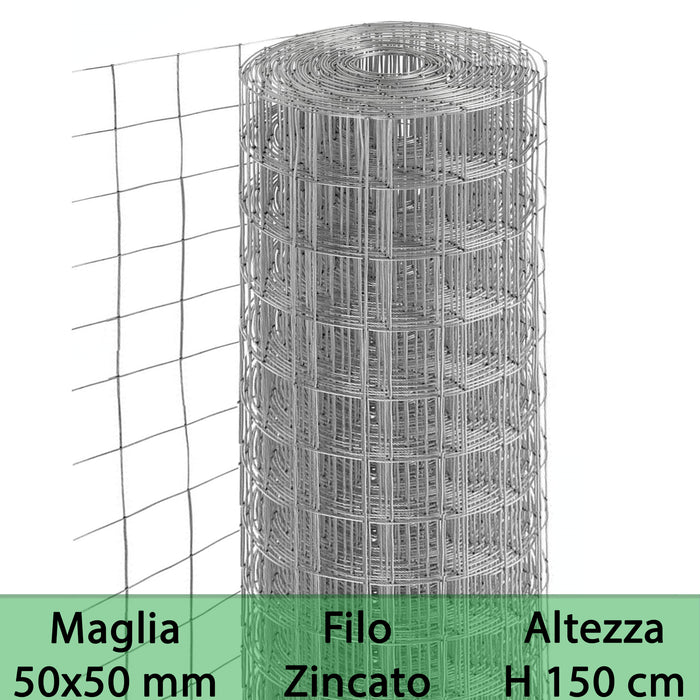 rete per recinzione elettrosaldata zincata h 150 maglia 50x50 ø 1,8 mm 25mt cod:ferx.mi.153