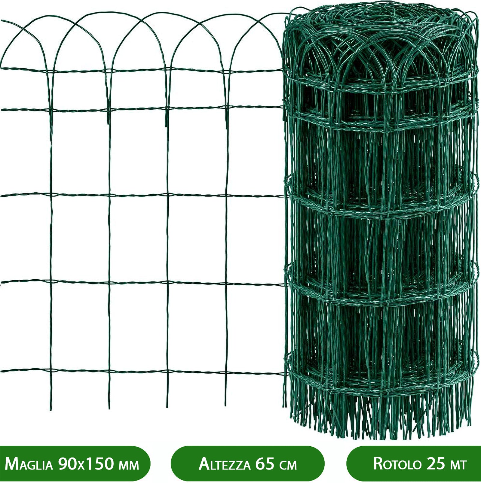 1 pz rete per recinzione ornamentale plastificata altezza h 65 cm maglia intrecciata 90x150 mm filo ø 2,8 mm lughezza rotolo da 25 mt verde cod:ferx.mi.158.stock
