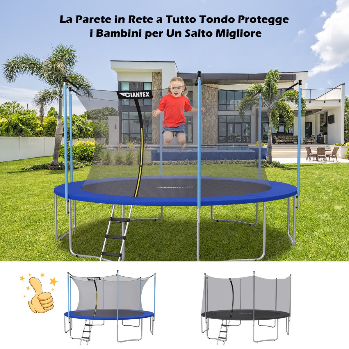 Rete di sicurezza per tappeto elastico 366cm, Rete sostitutiva e protettiva per tappeto elastico con 8 paletti-Accessori trampolini