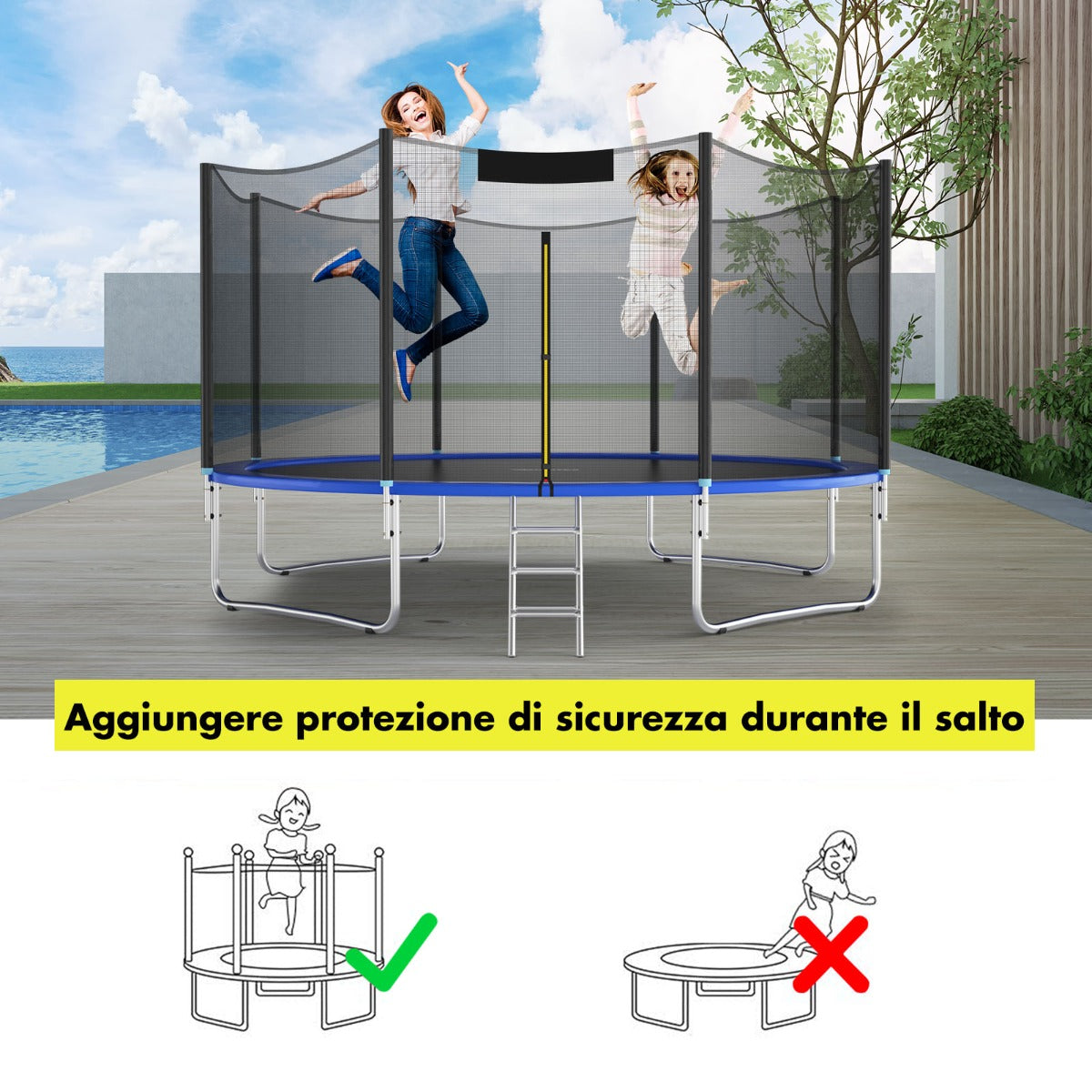 Rete protettiva in PE per tappeto elastico 366cm con doppie cerniere, Rete di sicurezza con 8 paletti-Accessori trampolini