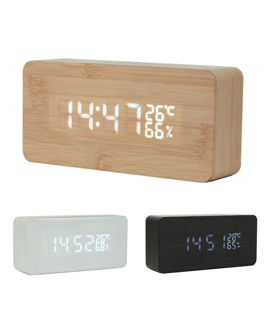 Rettangolare Sveglia Legno Orologio Display Allarme Digitale Led Temperatura Usb         