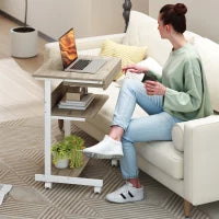 Scrivania PC con Cassetto Scorrevole, 2 Ripiani e 4 Rotelle, in Legno e Metallo, 56x51x79 cm, Bianco e Rovere