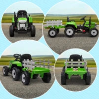 Trattore Elettrico per Bambini 3-6 Anni con Rimorchio Rimovibile, Batteria 12V e Telecomando, Verde