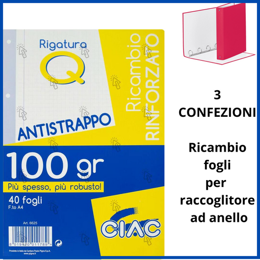 3 confezioni set  Ricambi fogli forati rinforzato rinforzati  per raccoglitore ad anelli scuola elementare rigo Q quadretti con margine
