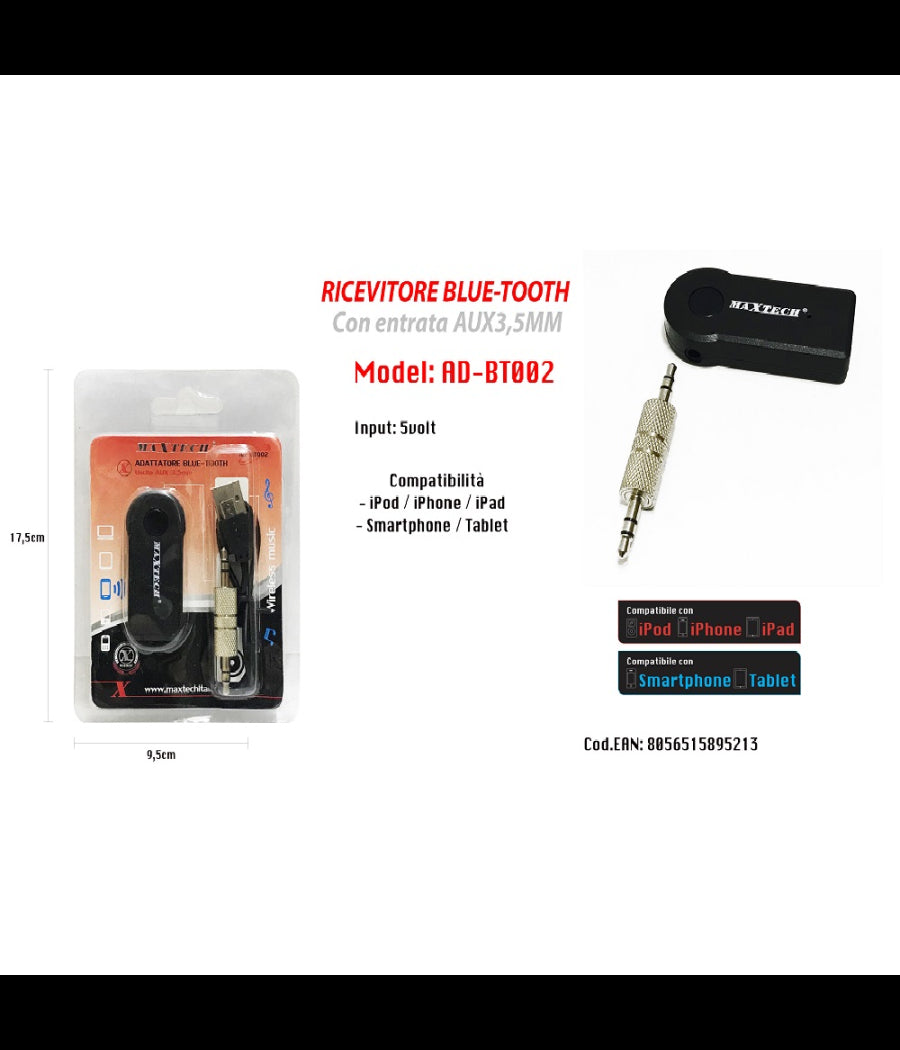 Ricevitore Adattatore Jack 3.5mm Vivavoce Bluetooth Stereo Audio Maxtech Ad-bt002         