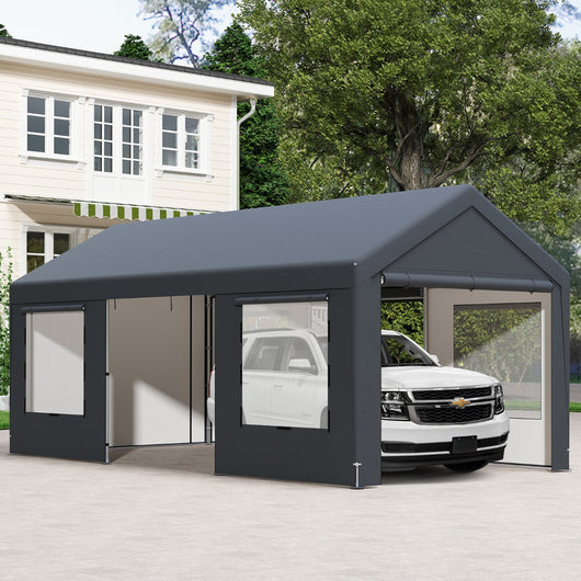 Carport auto per esterno 595x300cm con 8 pareti laterali rimovibili porte scorrevoli, Garage portatile per SUV Grigio scuro-Accessori per veicoli