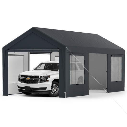 Carport auto per esterno 595x300cm con 8 pareti laterali rimovibili porte scorrevoli, Garage portatile per SUV Grigio scuro-Accessori per veicoli