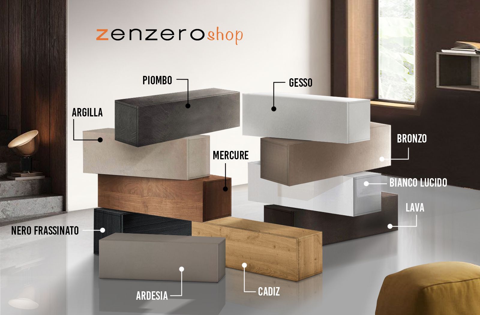 Pensile orizzontale stretto L.69 cm ad un'anta, finitura Lava, Made in Italy, ZLCINFNPENEW146