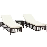 Set 2 Lettini Prendisole con Cuscini Imbottiti e Tavolino in Rattan PE, Marrone e Beige