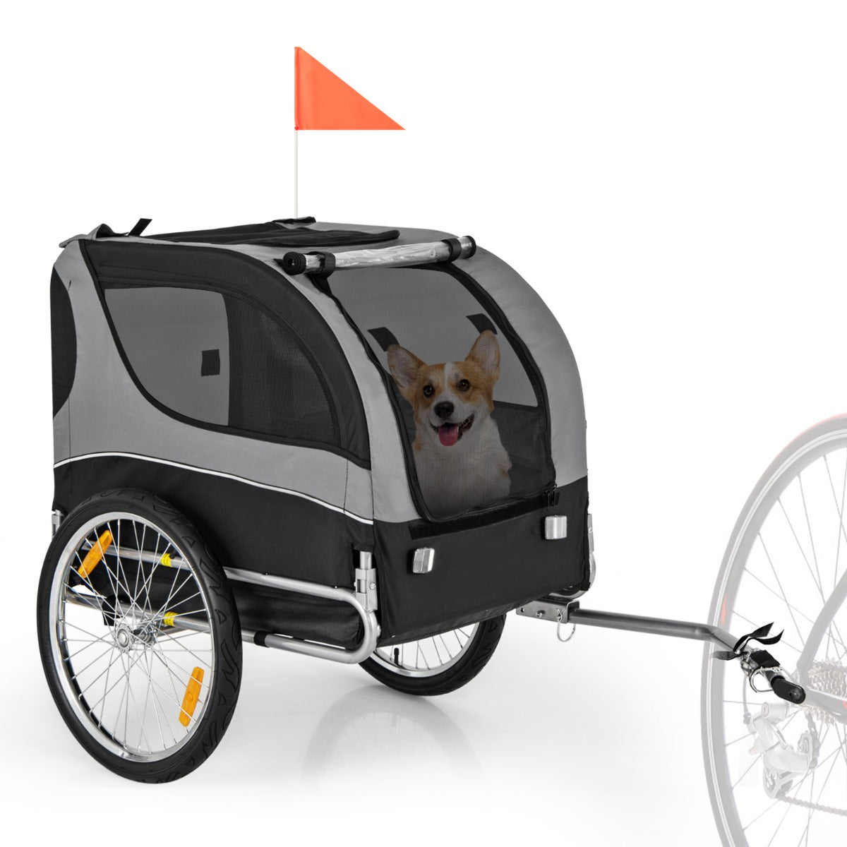 Rimorchio bici per animali domestici con ruote 50cm tettuccio apribile, Rimorchio per bicicletta per cani Grigio-Giochi e accessori per cani