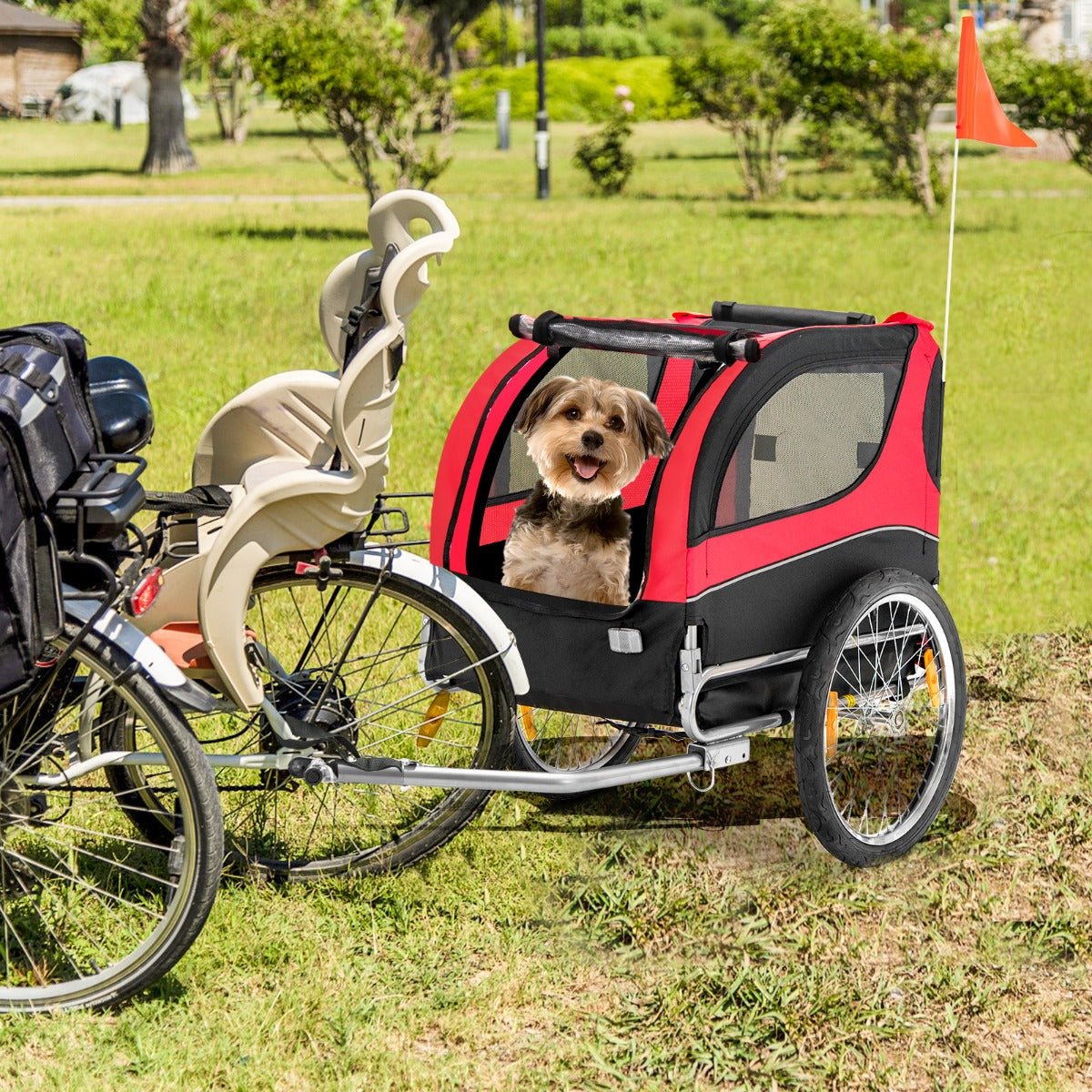 Rimorchio bici per animali domestici con ruote 50cm tettuccio apribile, Rimorchio per bicicletta per cani Rosso-Giochi e accessori per cani