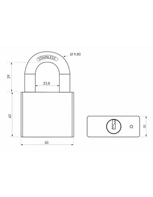 Lucchetto a chiave Rinox, 50 mm, acciaio inossidabile, esterno, arco in acciaio INOX, 4 chiavi - THIRARD
