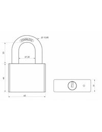 Lucchetto a chiave Rinox, 60 mm, acciaio inossidabile, esterno, arco in acciaio INOX, 4 chiavi - THIRARD