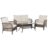 Set Mobili da Giardino in Rattan Marrone, Set Tavolino, Sedie e Divano da Esterno 4Pz con Cuscini Imbottiti Cachi