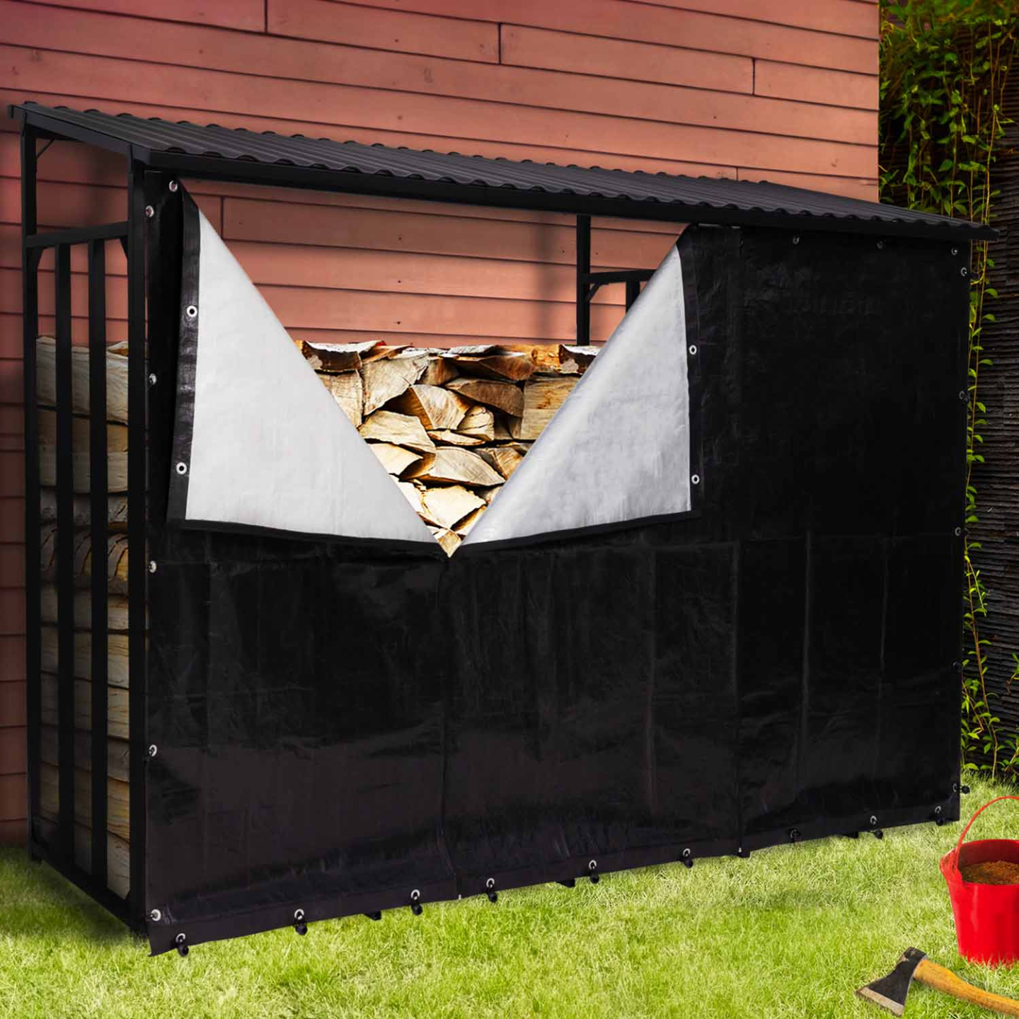 IDMarket - Riparo in acciaio zincato per tronchi L. 274 cm con copertura protettiva da 150 gr