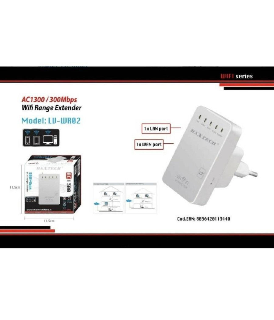 Ripetitore Segnale Wireless Wifi Amplificatore Range Extender Lan Maxtech Lv-wr02         