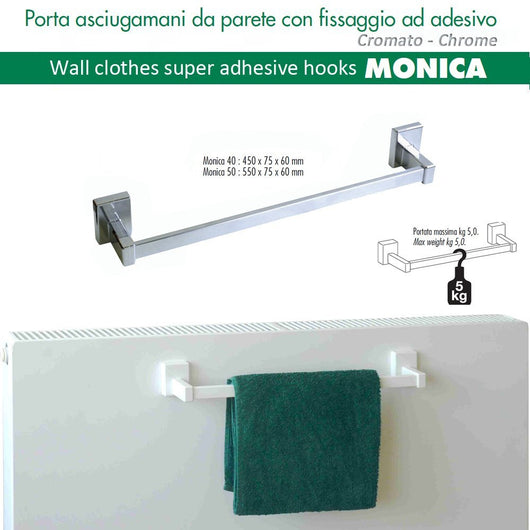 Pika' porta asciugamani 55 centimetri monica fissaggio adesivo metallo cromato