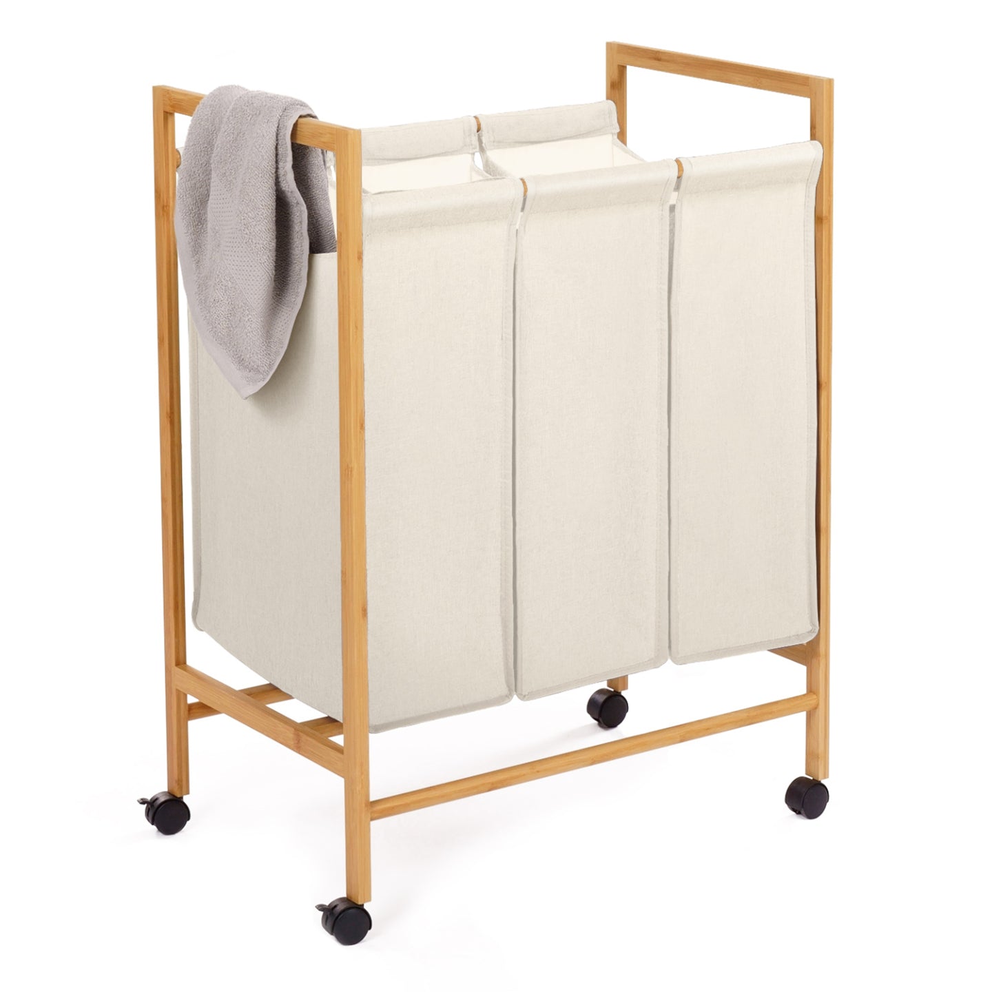 IDMarket - RITA Cesto della biancheria in bambù a 3 scomparti in tessuto ecru con ruote