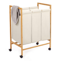 IDMarket - RITA Cesto della biancheria in bambù a 3 scomparti in tessuto ecru con ruote
