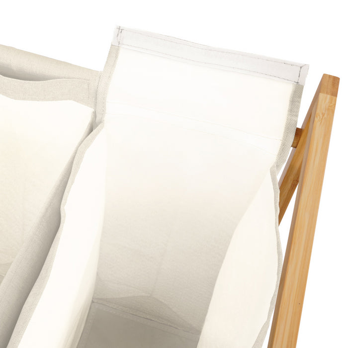 IDMarket - RITA Cesto della biancheria in bambù a 3 scomparti in tessuto ecru con ruote