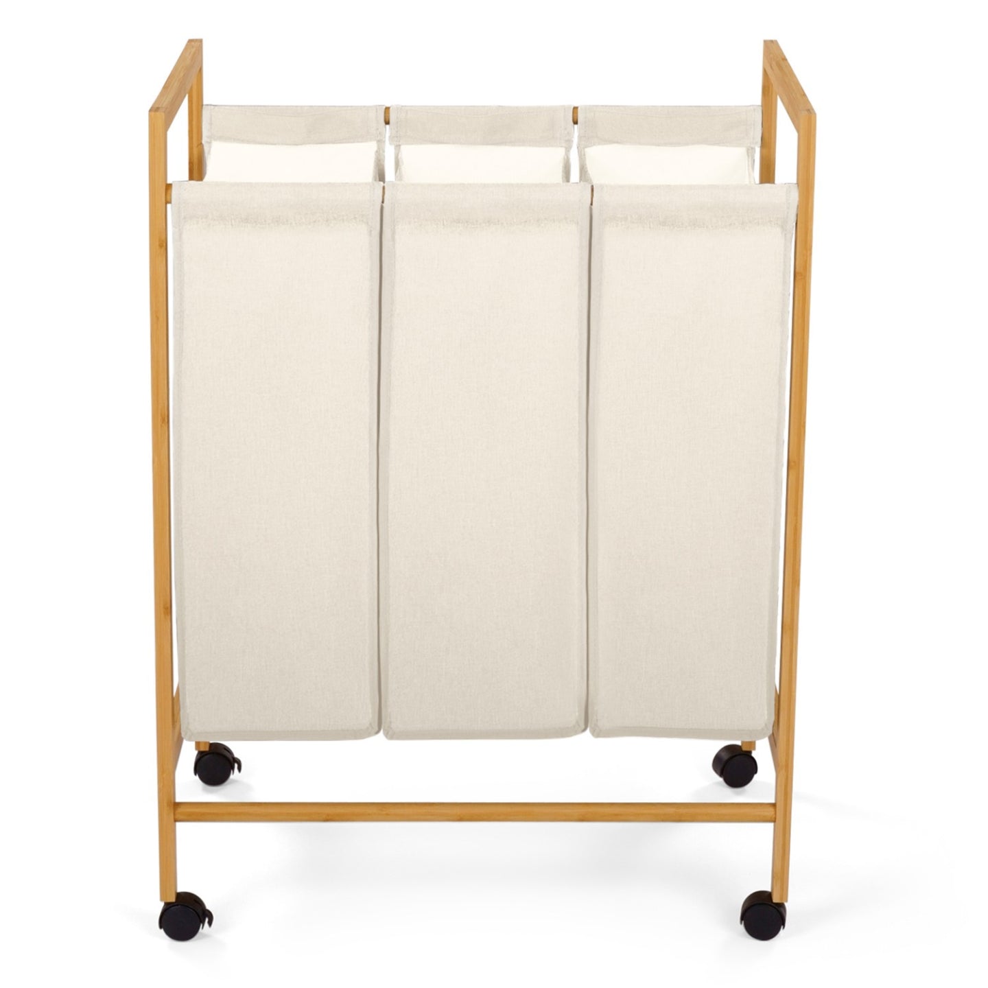 IDMarket - RITA Cesto della biancheria in bambù a 3 scomparti in tessuto ecru con ruote