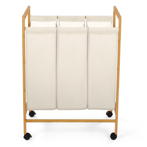 IDMarket - RITA Cesto della biancheria in bambù a 3 scomparti in tessuto ecru con ruote