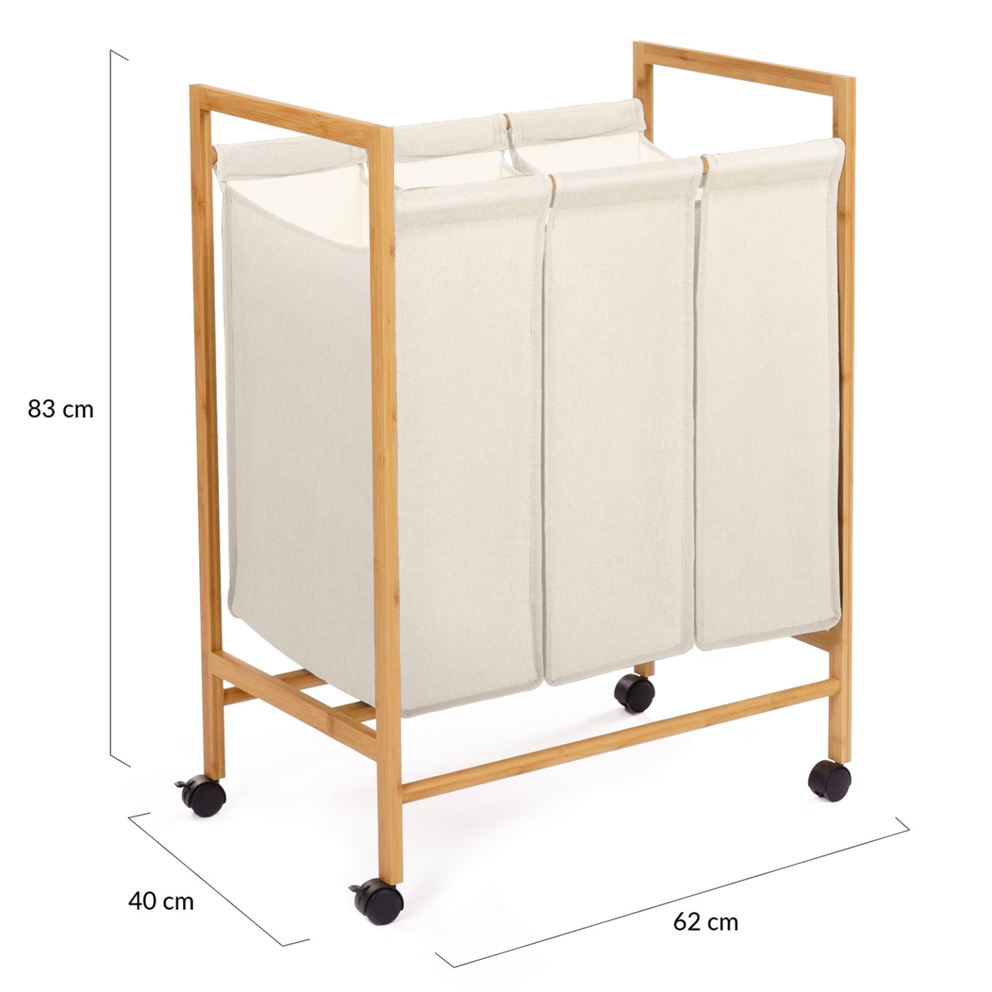 IDMarket - RITA Cesto della biancheria in bambù a 3 scomparti in tessuto ecru con ruote