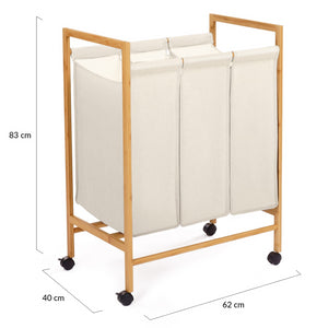 IDMarket - RITA Cesto della biancheria in bambù a 3 scomparti in tessuto ecru con ruote