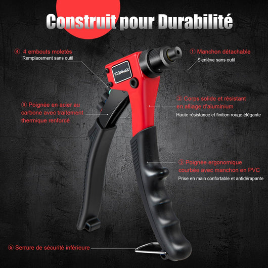 Rivettatrice manuale con 200 rivetti e 4 punte per rivetti liberamente intercambiabili con custodia di trasporto 20_0005359
