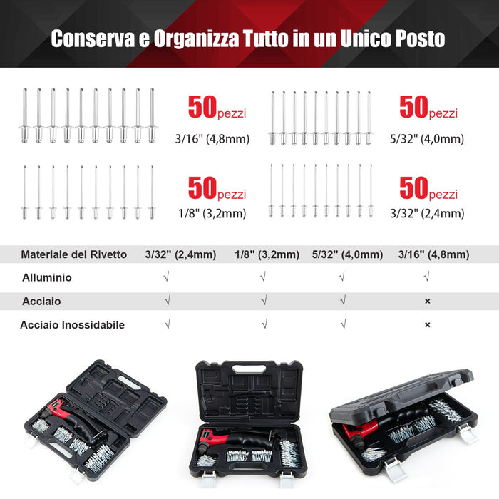Rivettatrice manuale con 200 rivetti 4,8mm 4mm 3,2mm 2,4mm, Pistola per rivetti a pressione con custodia-Utensili professionali