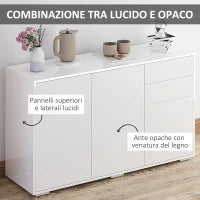 Mobiletto Multiuso in Legno Bianco con 2 Cassetti e 2 Armadietti con Apertura a Pressione, 117x36x74 cm