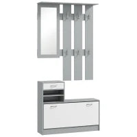 Mobile Appendiabiti 3 in 1 con Scarpiera e Specchio, Ganci e Cassetti, in Legno, 90x10x102 cm, Bianco e Grigio