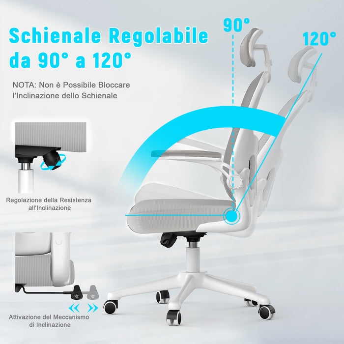 Sedia ufficio ergonomica - RATTANTREE  - Sedie da scrivania con Supporto Lombare e Poggiatesta Regolabile - Grigio