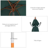 Ombrellone da Giardino 2x1.5 m Inclinabile a 6 Stecche con Palo in Legno e Apertura a Corda, Verde