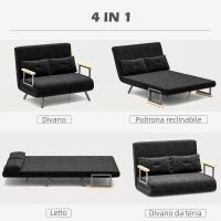 Divano Letto 3 in 1 in Tessuto Effetto Velluto con Schienale Regolabile e 2 Cuscini, 102x73x81 cm, Nero