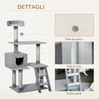 Tiragraffi Palestra per Gatti Multilivello con Casetta Scala Piattaforme, Pali in Corda di Juta, Grigio, 60.5x40x124cm