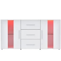 Credenza Moderna con LED Multicolore, 3 Cassetti e 2 Armadietti, Ampio Spazio, per Soggiorno e Cucina, 140x35x70 cm, Bianco