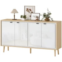 Credenza Moderna a 4 Ante con Ripiano Regolabile, 141x35x77 cm, Bianco Lucido e Rovere