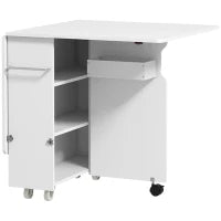 Tavolo a Ribalta Pieghevole con Ripiani a 3 Livelli, Box e Rotelle, in MDF, 130x80x76.5 cm, Bianco
