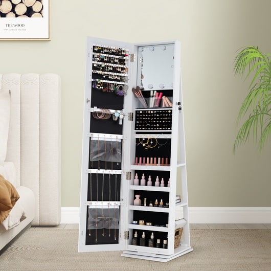 Armadio gioielli girevole a 360¡ãcon specchio a figura Intera e mensole posteriori-Armadio gioielli girevole armadio da terra portagioielli  Bianco